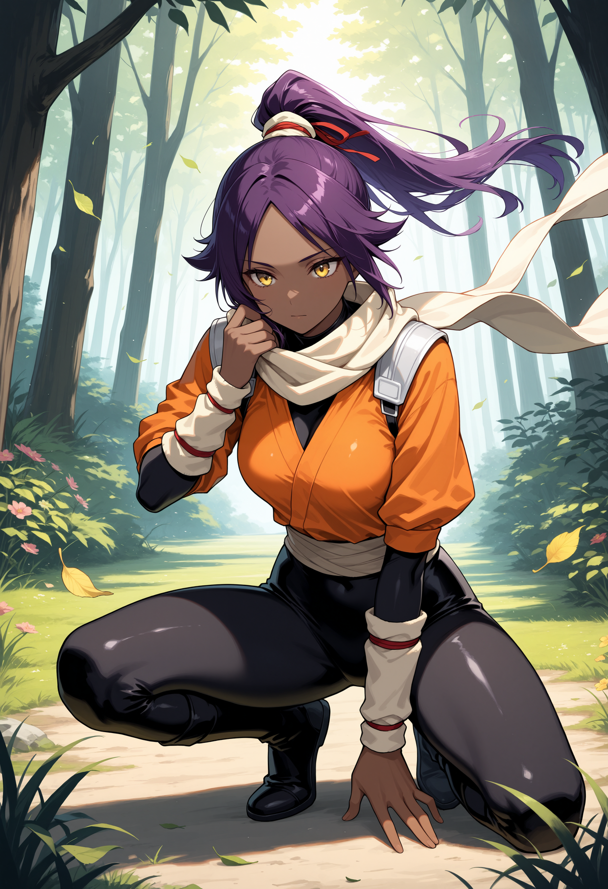 (bleach) shihouin yoruichi - default - forest - on one knee_01120.png
